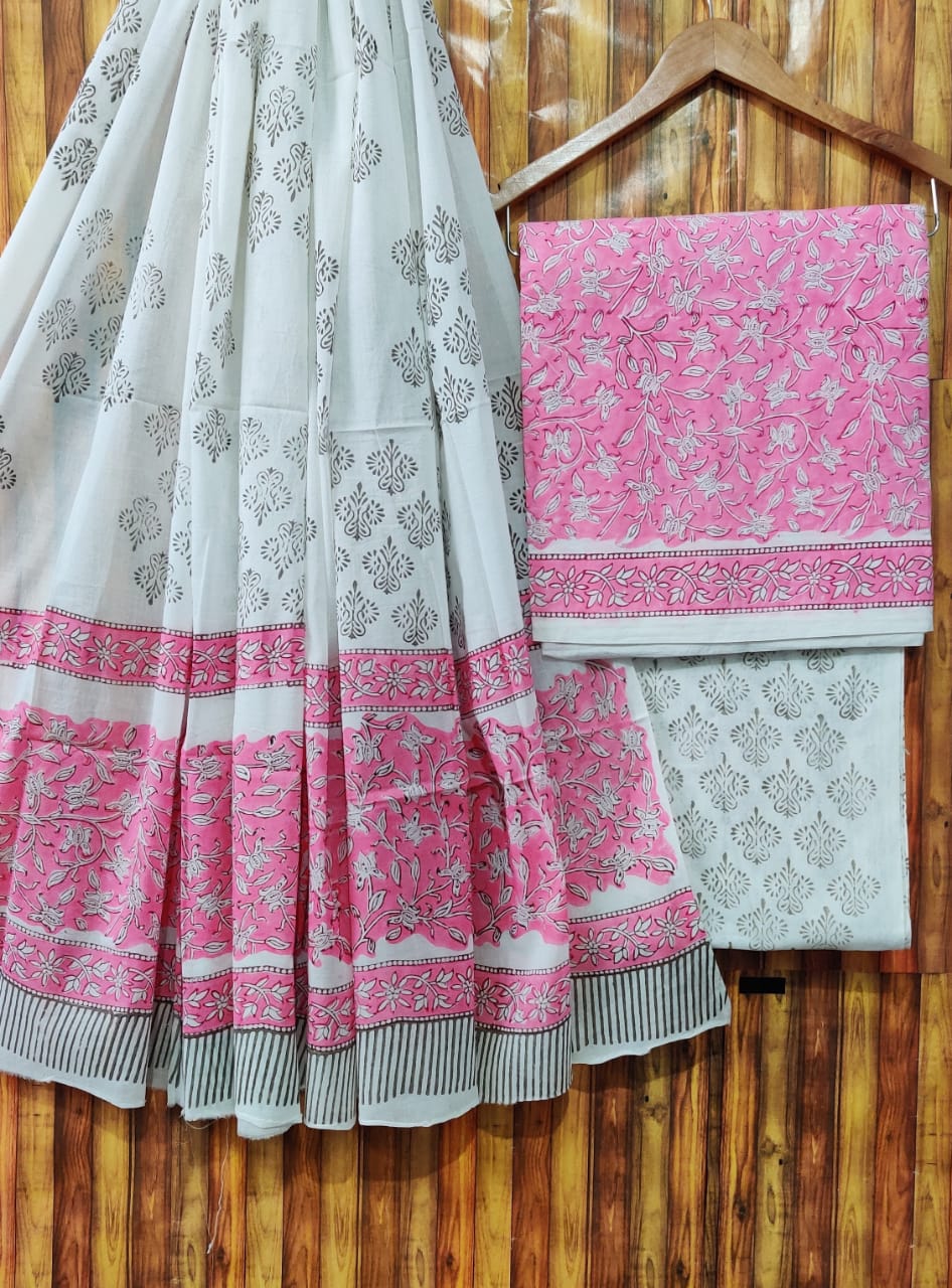 Pure Cotton Hand Block Printed Unstitched Salwar Suit Set With Cotton/Mulmul Dupatta - JBCM572