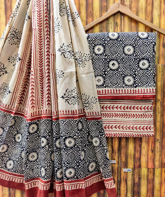 Hand Block Cotton Unstitched Salwar Suit With Cotton/Mulmul Dupatta - JBCM573