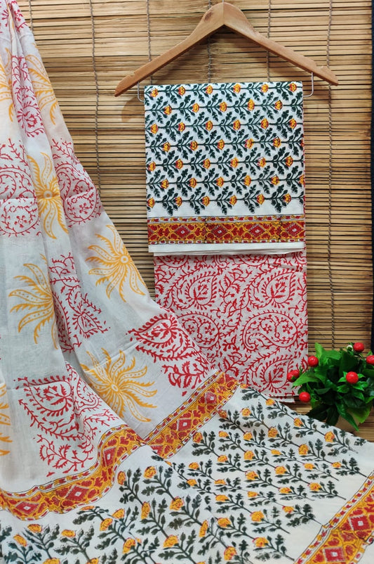 Hand Block Printed Pure Cotton Unstitched Salwar Suit Set With Cotton/Mulmul Dupatta - JBCM575