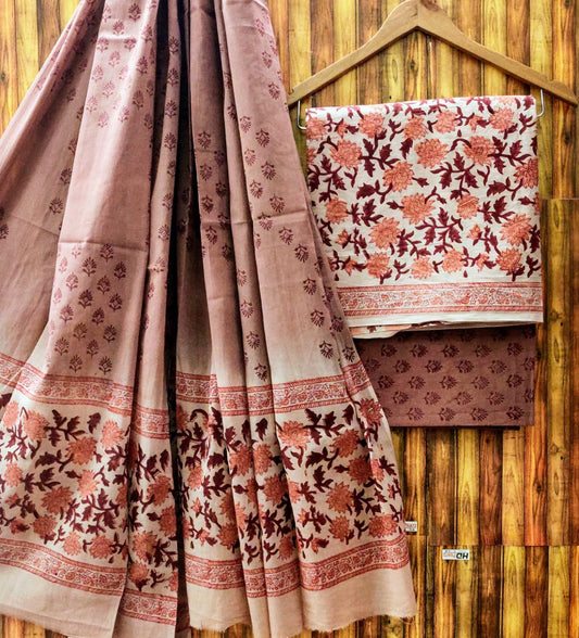 Pure Cotton Hand Block Printed Unstitched Salwar Suit Set With Cotton/Mulmul Dupatta - JBCM576