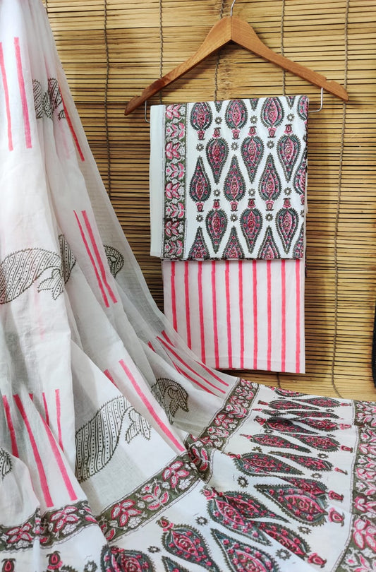 Hand Block Printed Pure Cotton Unstitched Salwar Suit Set With Cotton/Mulmul Dupatta - JBCM579