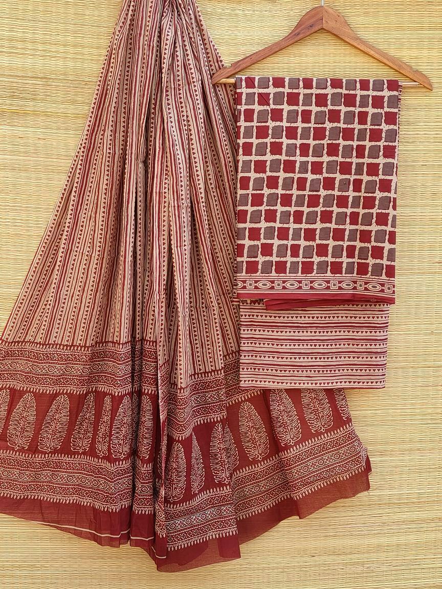Hand Block Printed Pure Cotton Unstitched Salwar Suit Set With Cotton/Mulmul Dupatta - JBCM455