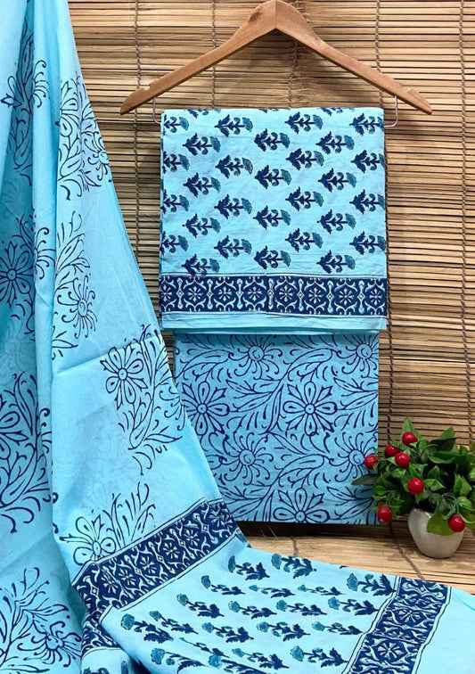 Hand Block Cotton Unstitched Salwar Suit With Cotton/Mulmul Dupatta - JBCM581