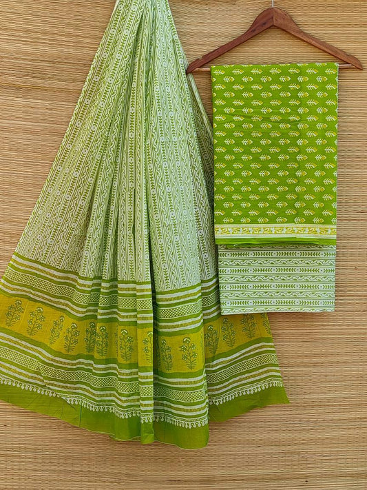 Pure Cotton Hand Block Printed Unstitched Salwar Suit Set With Cotton/Mulmul Dupatta - JBCM456