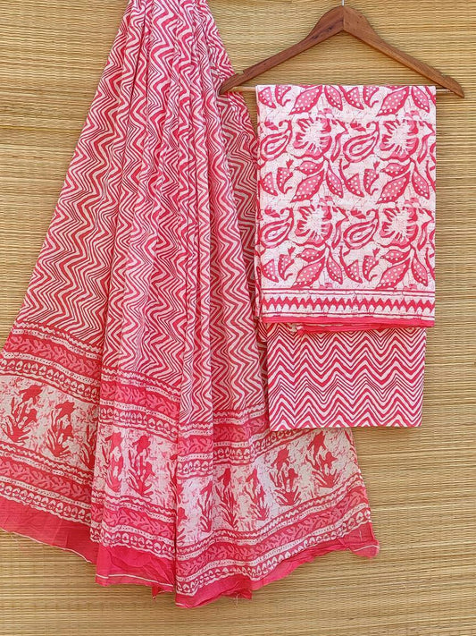 Hand Block Cotton Unstitched Salwar Suit With Cotton/Mulmul Dupatta - JBCM457