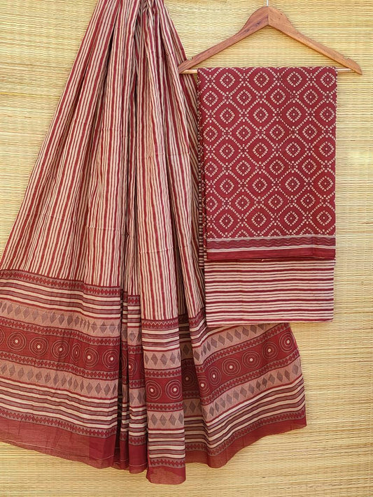 Hand Block Cotton Unstitched Salwar Suit With Cotton/Mulmul Dupatta - JBCM458