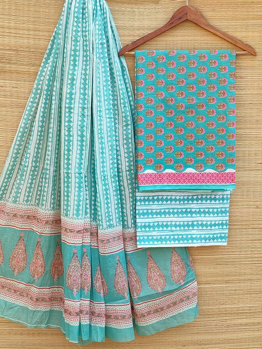 Hand Block Printed Pure Cotton Unstitched Salwar Suit Set With Cotton/Mulmul Dupatta - JBCM459