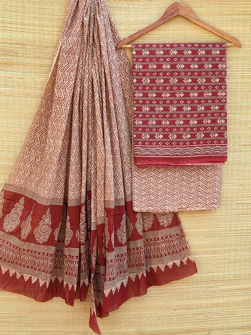 Pure Cotton Hand Block Printed Unstitched Salwar Suit Set With Cotton/Mulmul Dupatta - JBCM460
