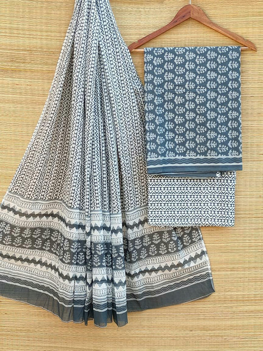 Hand Block Cotton Unstitched Salwar Suit With Cotton/Mulmul Dupatta - JBCM461