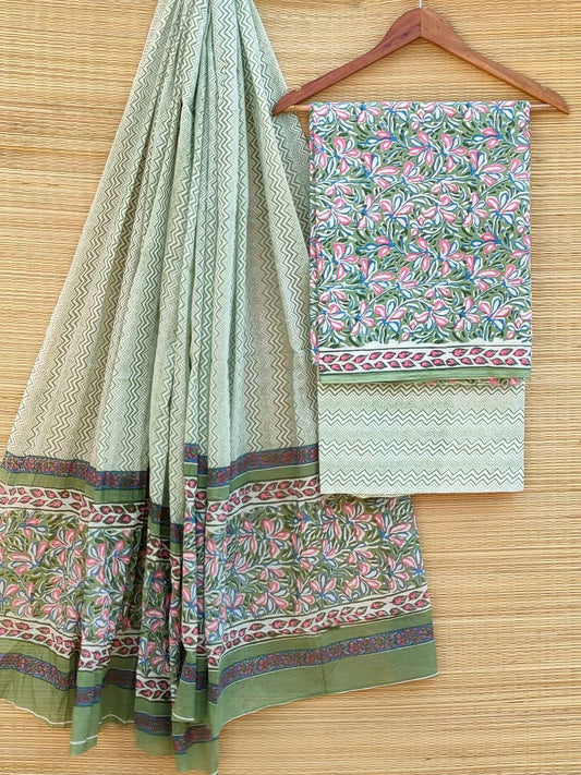 Pure Cotton Hand Block Printed Unstitched Salwar Suit Set With Cotton/Mulmul Dupatta - JBCM464