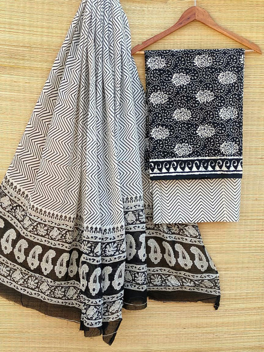 Hand Block Cotton Unstitched Salwar Suit With Cotton/Mulmul Dupatta - JBCM465