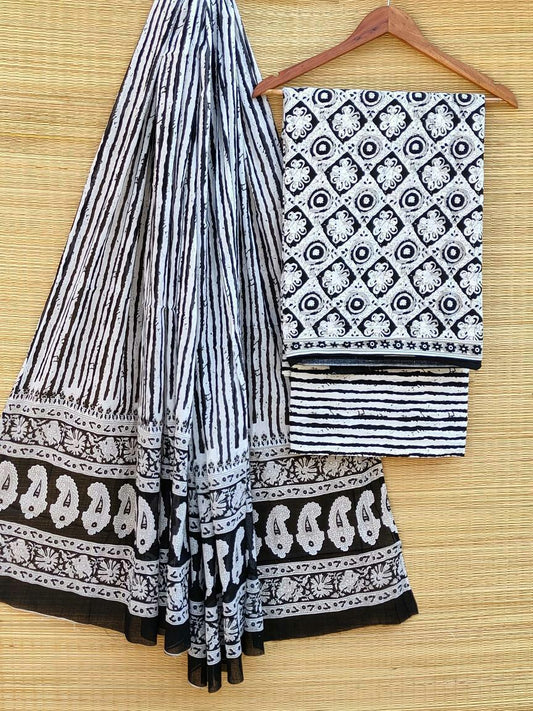 Hand Block Cotton Unstitched Salwar Suit With Cotton/Mulmul Dupatta - JBCM466