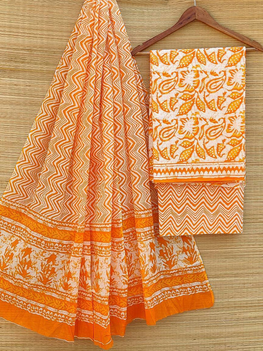 Hand Block Printed Pure Cotton Unstitched Salwar Suit Set With Cotton/Mulmul Dupatta - JBCM467