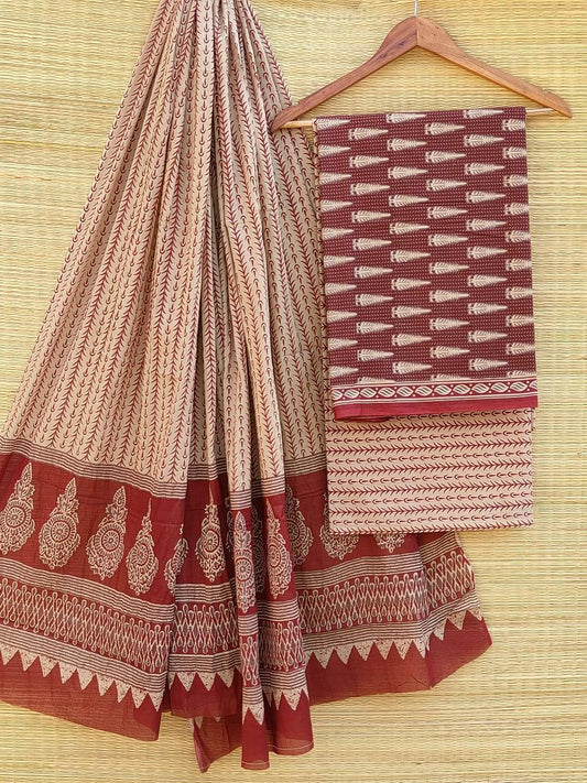 Pure Cotton Hand Block Printed Unstitched Salwar Suit Set With Cotton/Mulmul Dupatta - JBCM468