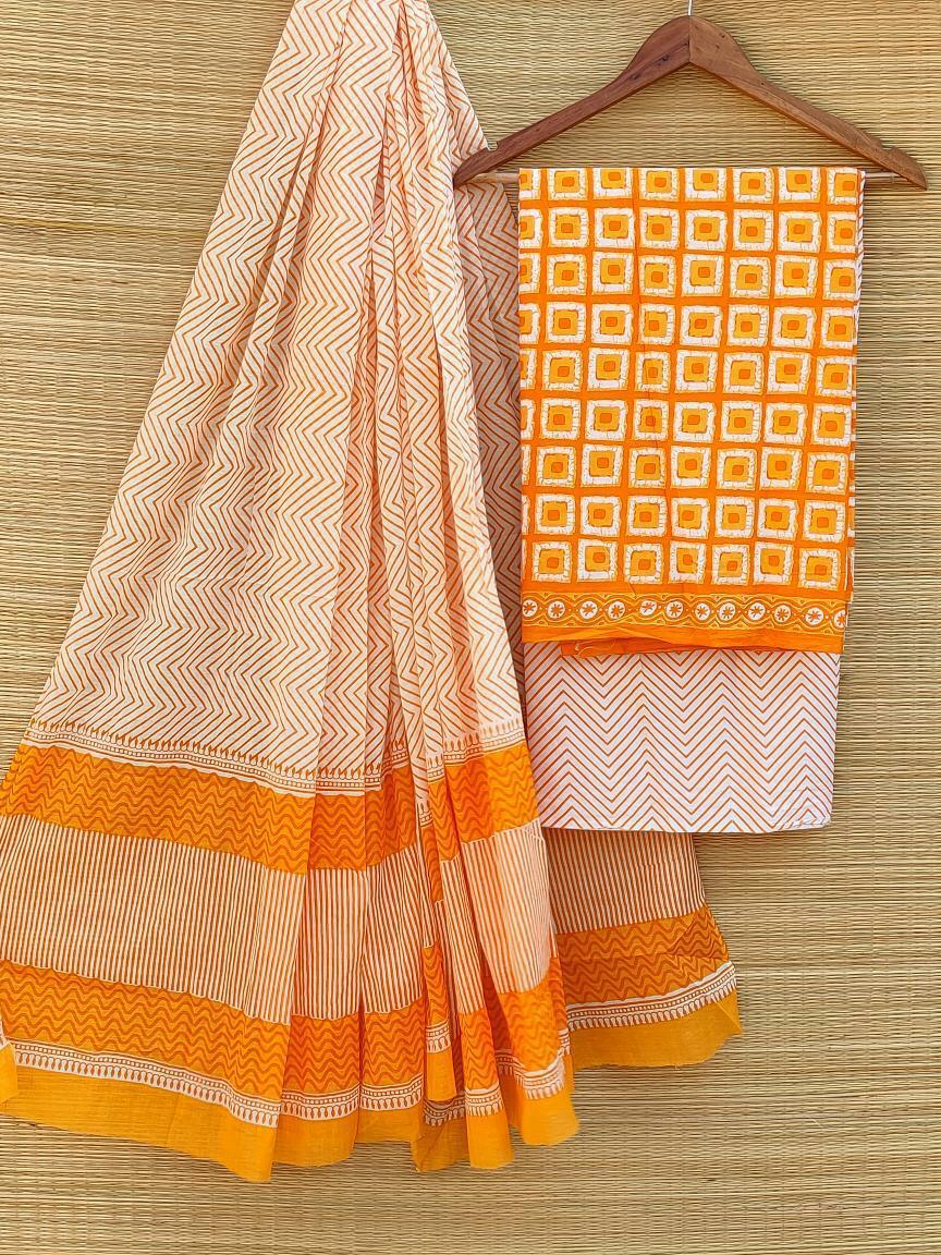 Hand Block Cotton Unstitched Salwar Suit With Cotton/Mulmul Dupatta - JBCM470