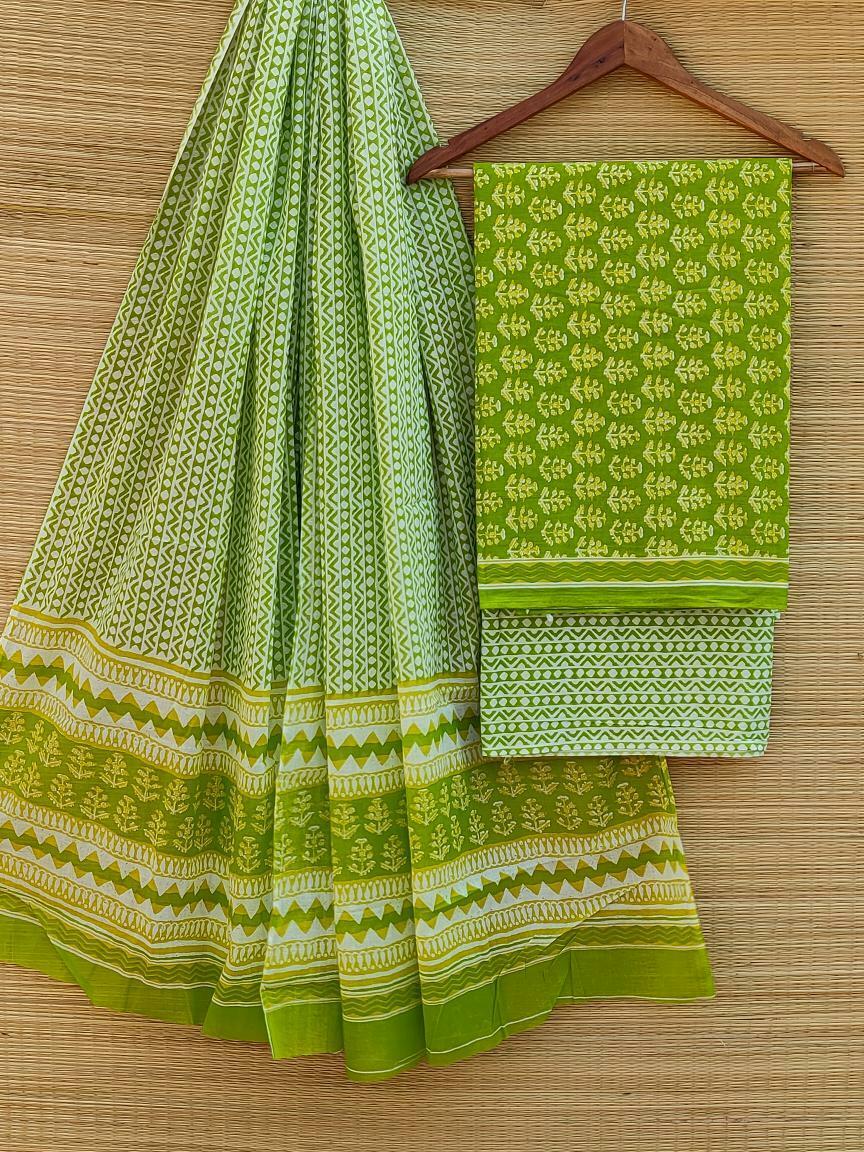 Hand Block Printed Pure Cotton Unstitched Salwar Suit Set With Cotton/Mulmul Dupatta - JBCM471