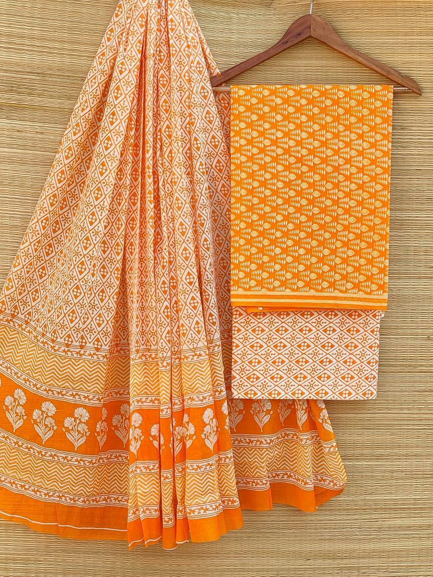 Hand Block Cotton Unstitched Salwar Suit With Cotton/Mulmul Dupatta - JBCM473