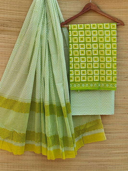 Hand Block Cotton Unstitched Salwar Suit With Cotton/Mulmul Dupatta - JBCM474