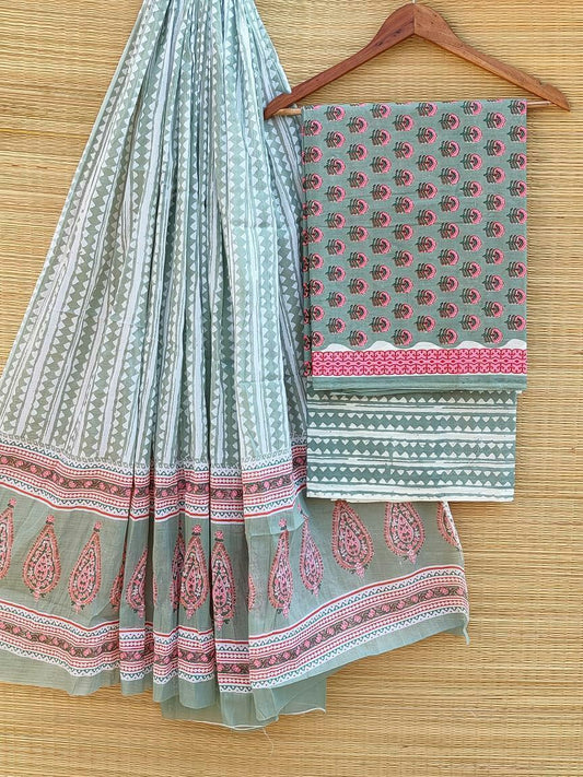 Hand Block Printed Pure Cotton Unstitched Salwar Suit Set With Cotton/Mulmul Dupatta - JBCM475