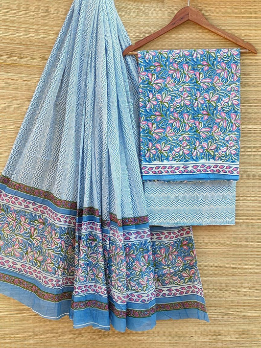 Hand Block Cotton Unstitched Salwar Suit With Cotton/Mulmul Dupatta - JBCM477