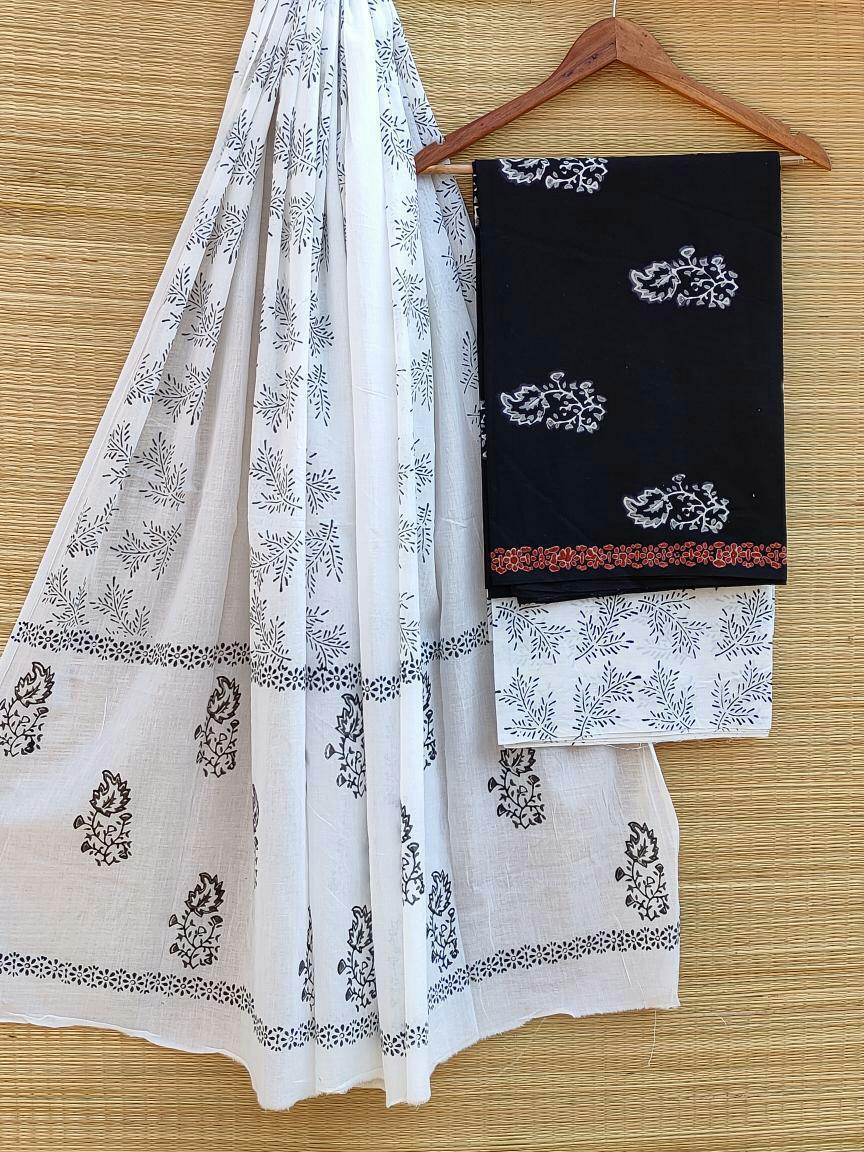 Hand Block Cotton Unstitched Salwar Suit With Cotton/Mulmul Dupatta - JBCM478