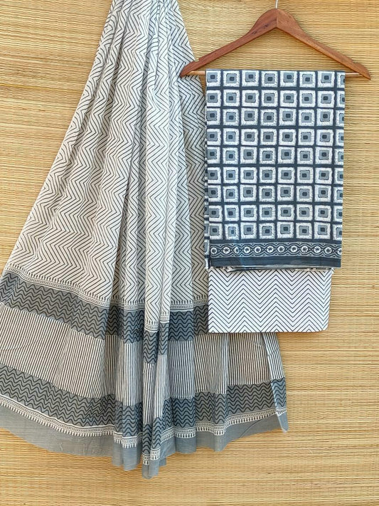 Hand Block Printed Pure Cotton Unstitched Salwar Suit Set With Cotton/Mulmul Dupatta - JBCM479