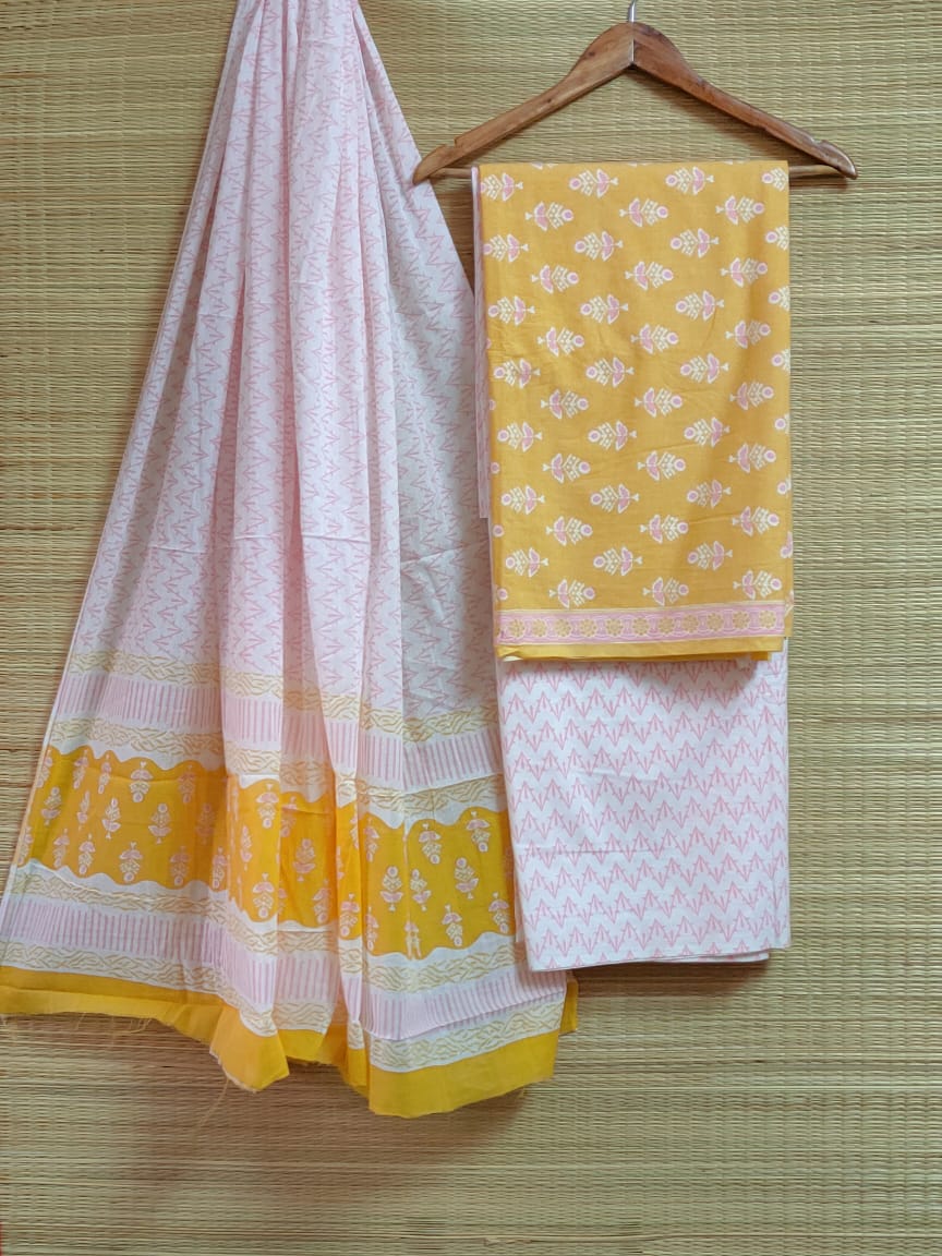Pure Cotton Hand Block Printed Unstitched Salwar Suit Set With Cotton/Mulmul Dupatta - JBCM444