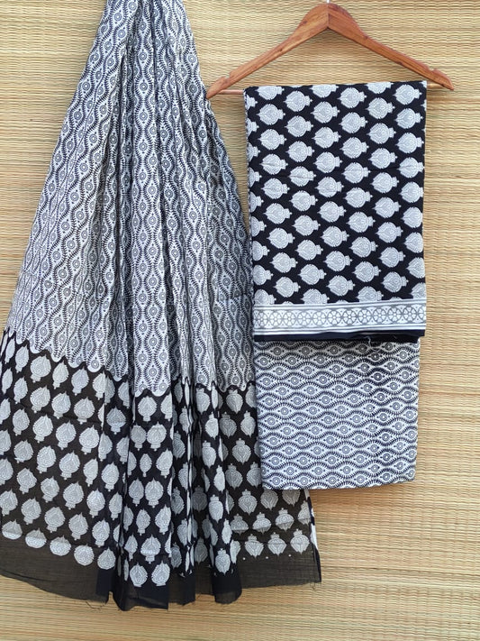 Hand Block Cotton Unstitched Salwar Suit With Cotton/Mulmul Dupatta - JB445