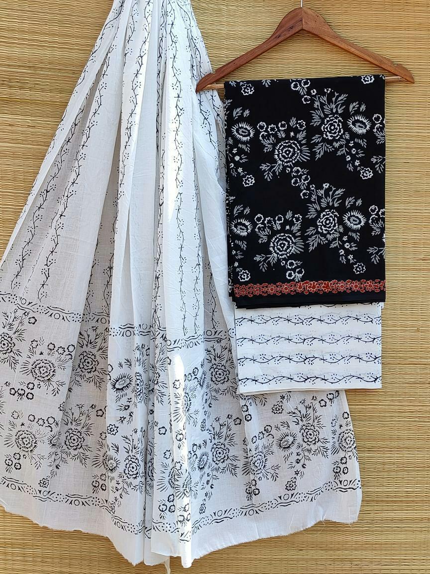 Hand Block Cotton Unstitched Salwar Suit With Cotton/Mulmul Dupatta - JBCM481