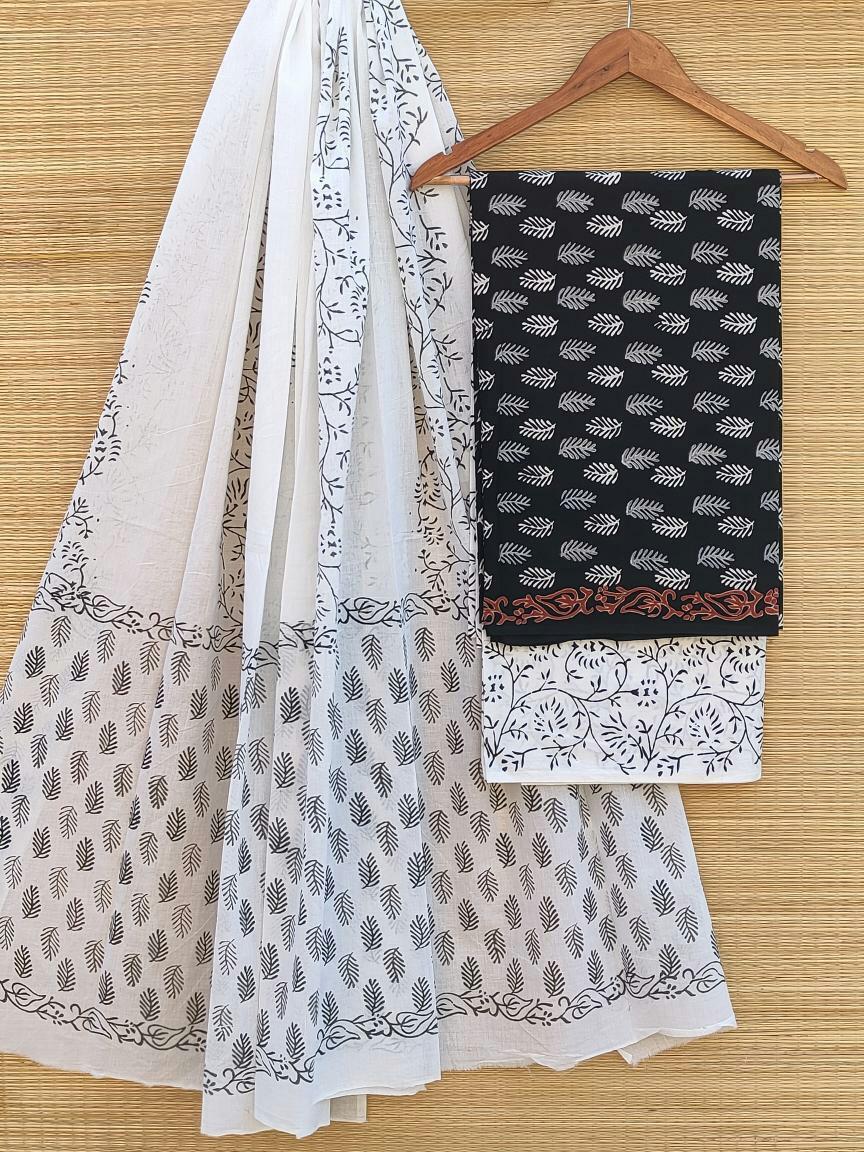 Hand Block Cotton Unstitched Salwar Suit With Cotton/Mulmul Dupatta - JBCM482