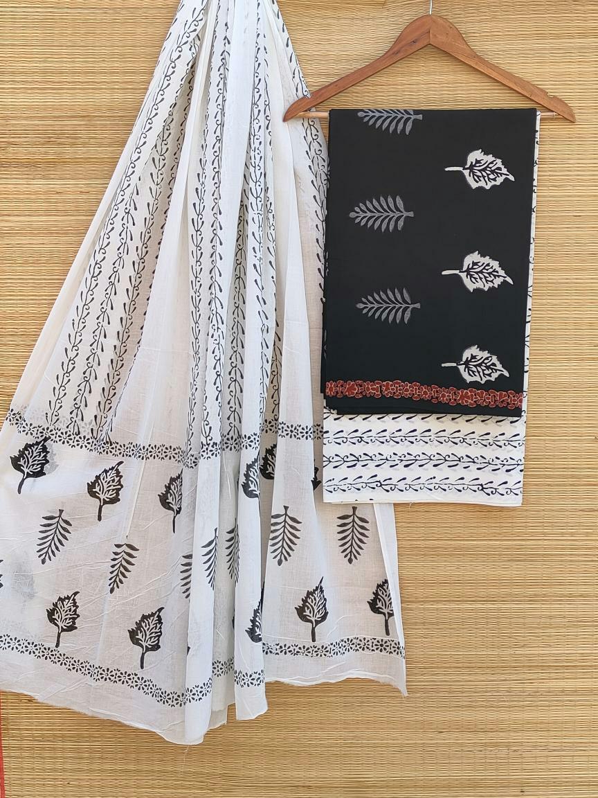 Hand Block Printed Pure Cotton Unstitched Salwar Suit Set With Cotton/Mulmul Dupatta - JBCM483
