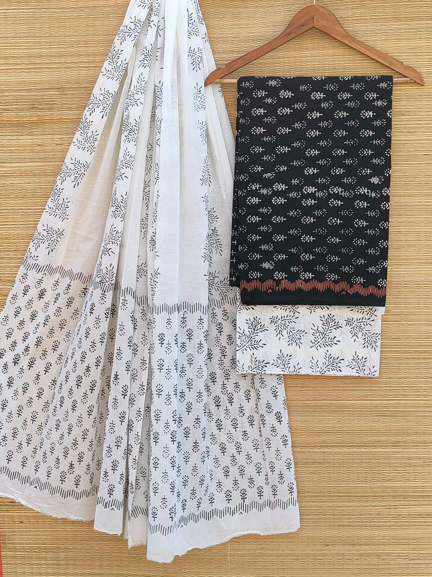 Pure Cotton Hand Block Printed Unstitched Salwar Suit Set With Cotton/Mulmul Dupatta - JBCM484
