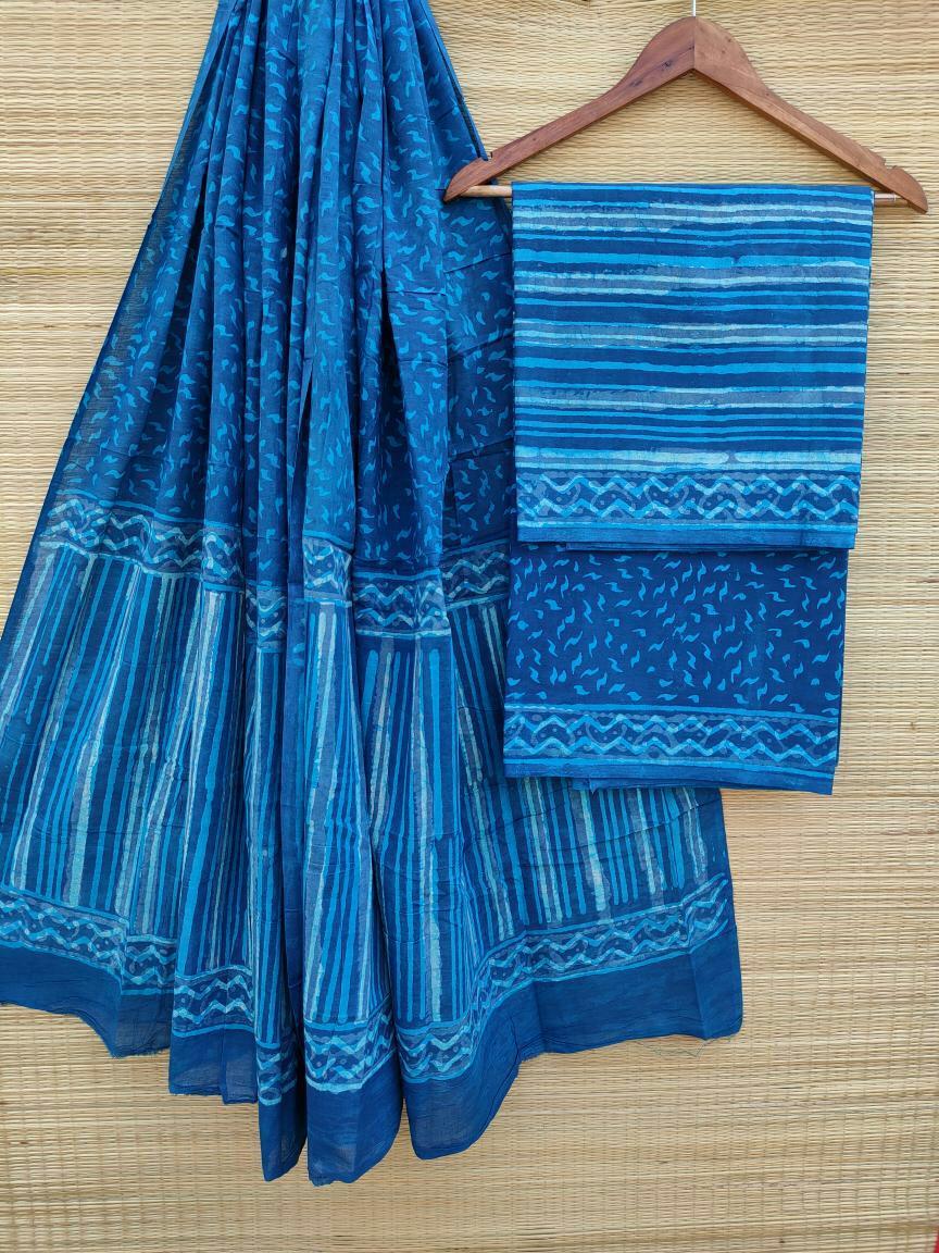 Hand Block Cotton Unstitched Salwar Suit With Cotton/Mulmul Dupatta - JBCM486