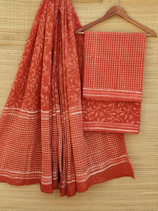 Hand Block Printed Pure Cotton Unstitched Salwar Suit Set With Cotton/Mulmul Dupatta - JBCM487