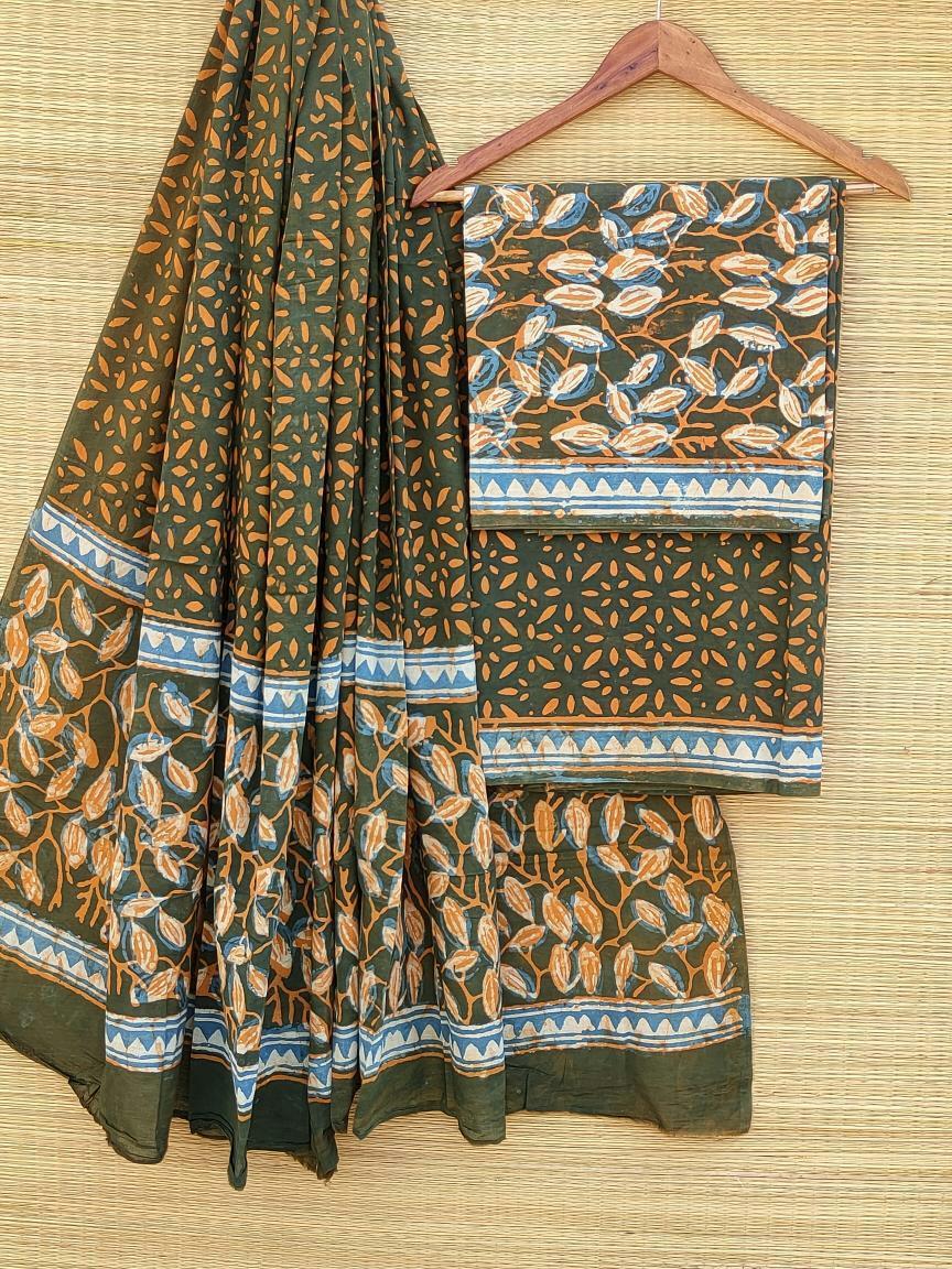 Hand Block Cotton Unstitched Salwar Suit With Cotton/Mulmul Dupatta - JBCM489