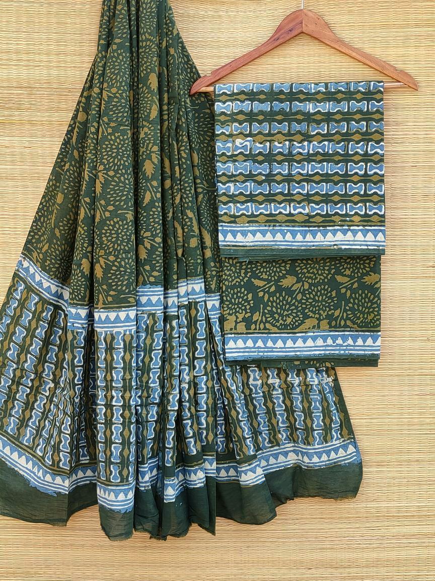 Hand Block Cotton Unstitched Salwar Suit With Cotton/Mulmul Dupatta - JBCM490