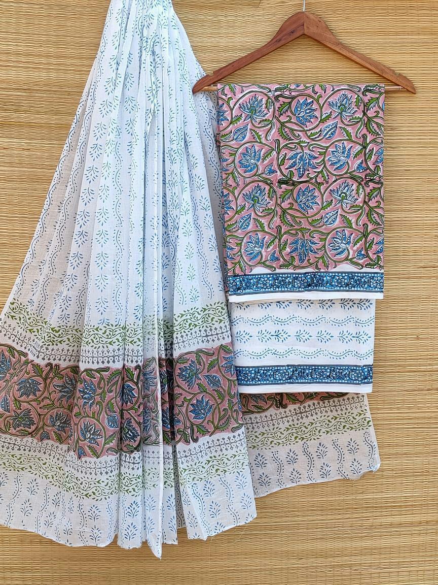 Hand Block Cotton Unstitched Salwar Suit With Cotton/Mulmul Dupatta - JB450