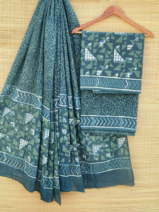 Hand Block Printed Pure Cotton Unstitched Salwar Suit Set With Cotton/Mulmul Dupatta - JBCM491