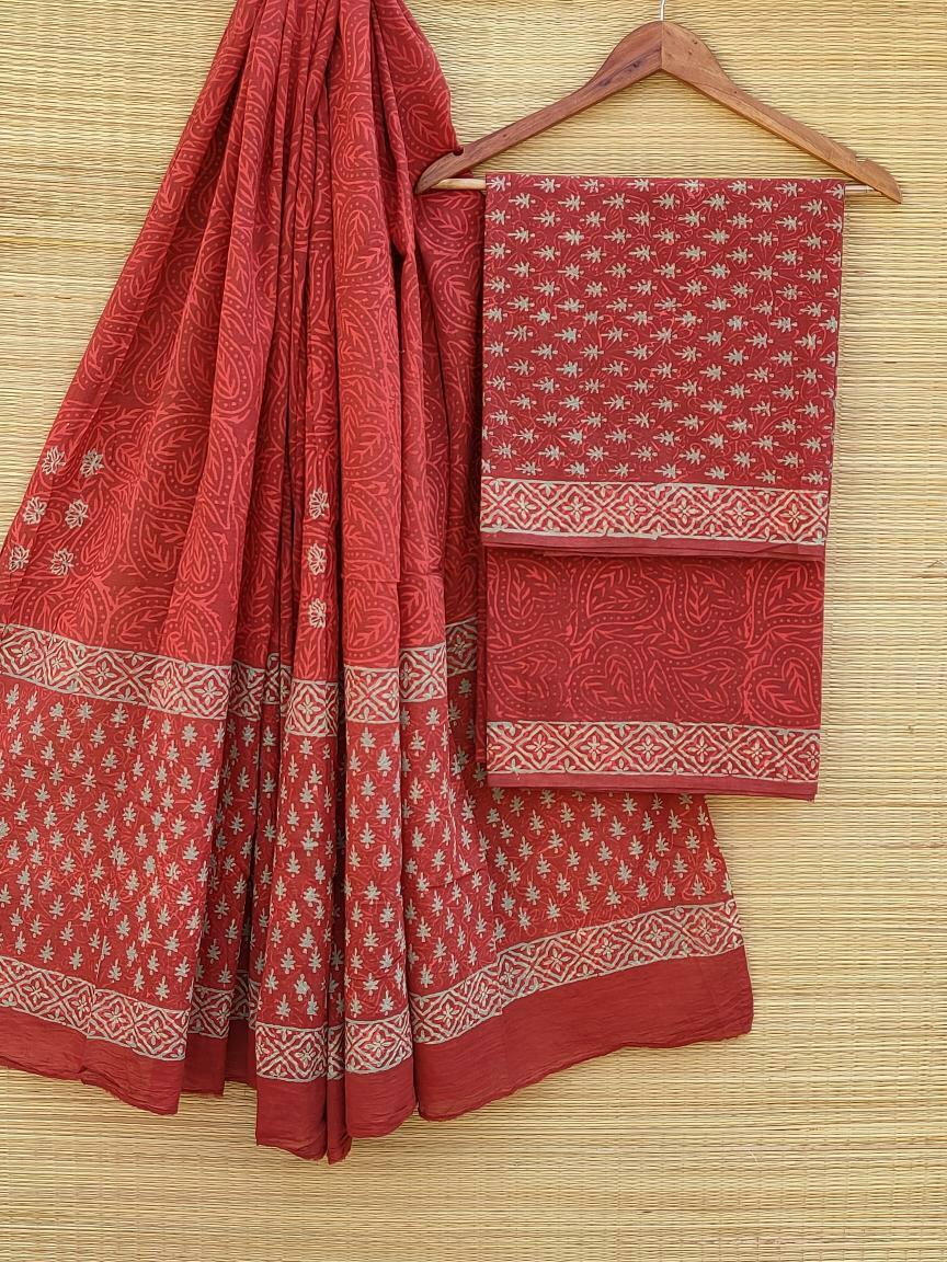 Pure Cotton Hand Block Printed Unstitched Salwar Suit Set With Cotton/Mulmul Dupatta - JBCM492