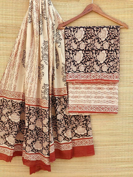 Hand Block Cotton Unstitched Salwar Suit With Cotton/Mulmul Dupatta - JBCM494