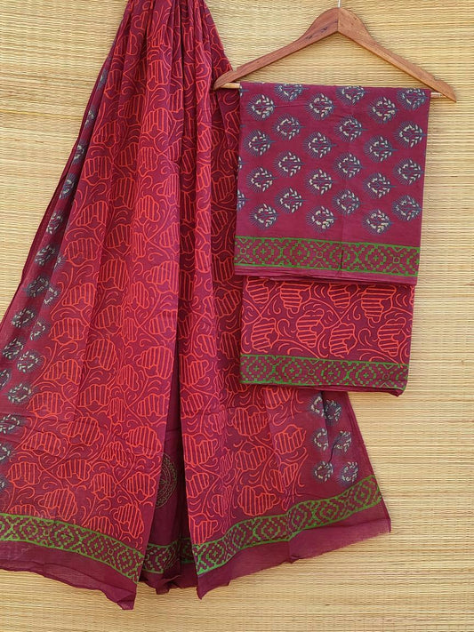 Hand Block Printed Pure Cotton Unstitched Salwar Suit Set With Cotton/Mulmul Dupatta - JBCM495