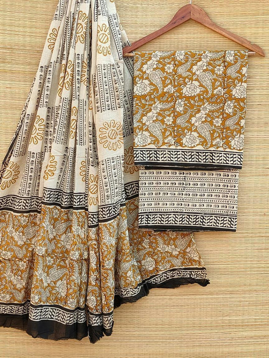 Pure Cotton Hand Block Printed Unstitched Salwar Suit Set With Cotton/Mulmul Dupatta - JBCM496