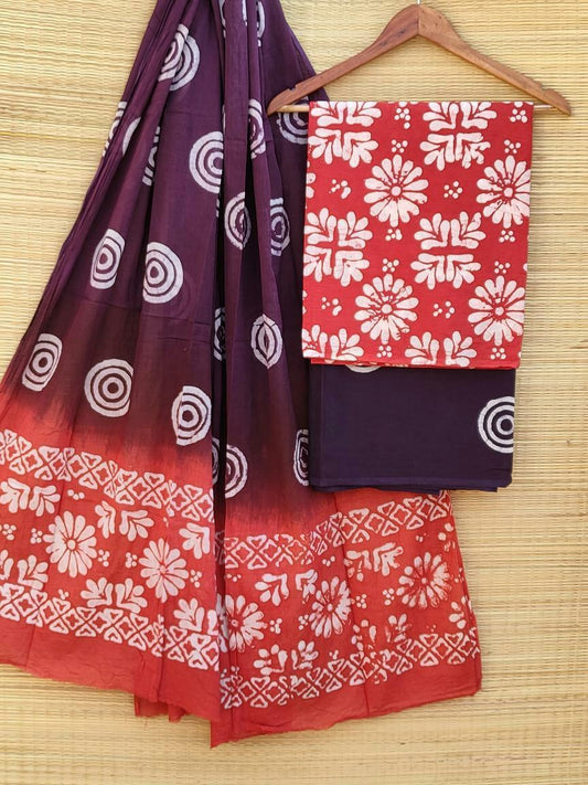 Hand Block Cotton Unstitched Salwar Suit With Cotton/Mulmul Dupatta - JBCM498