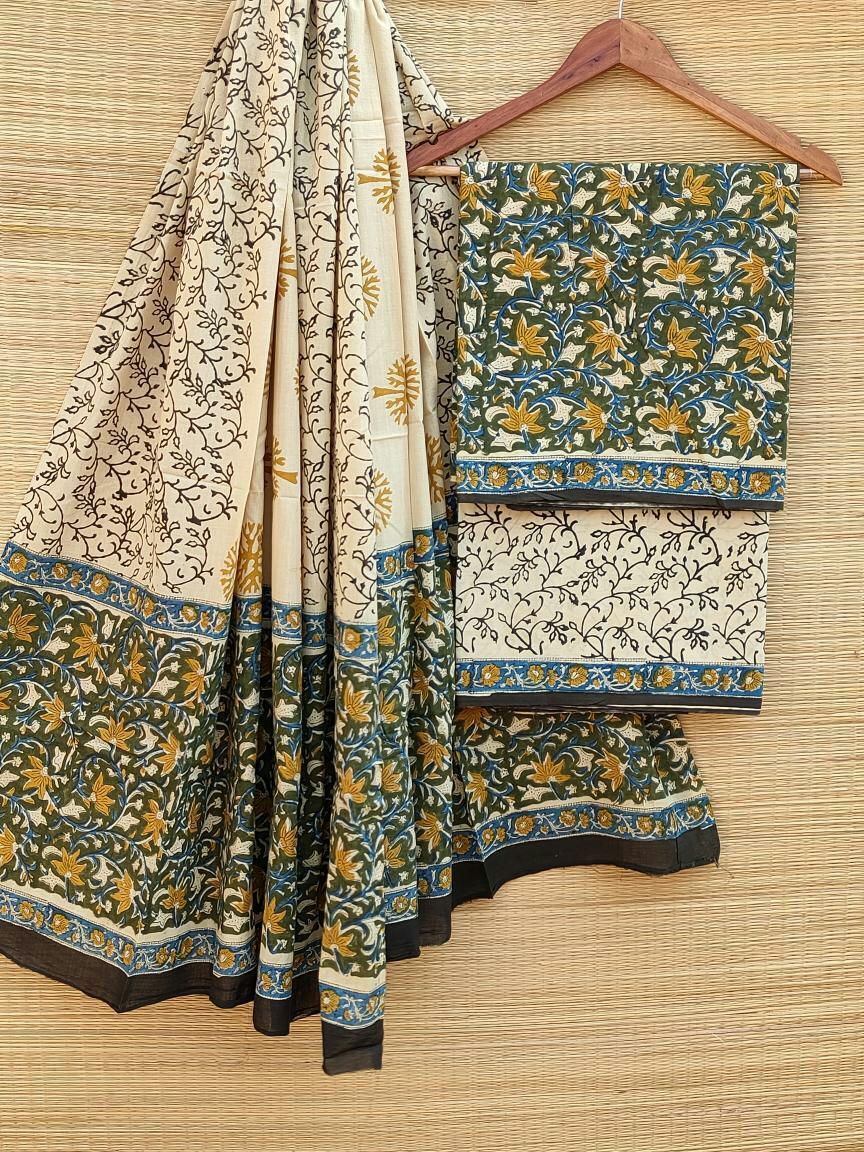 Hand Block Printed Pure Cotton Unstitched Salwar Suit Set With Cotton/Mulmul Dupatta - JBCM499