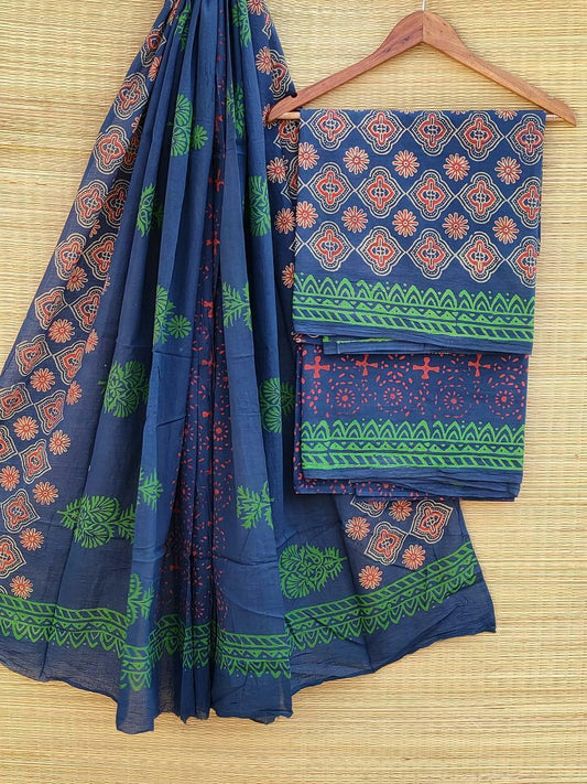 Pure Cotton Hand Block Printed Unstitched Salwar Suit Set With Cotton/Mulmul Dupatta - JBCM500