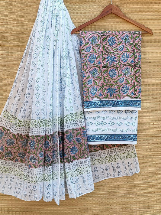 Hand Block Cotton Unstitched Salwar Suit With Cotton/Mulmul Dupatta - JBCM446
