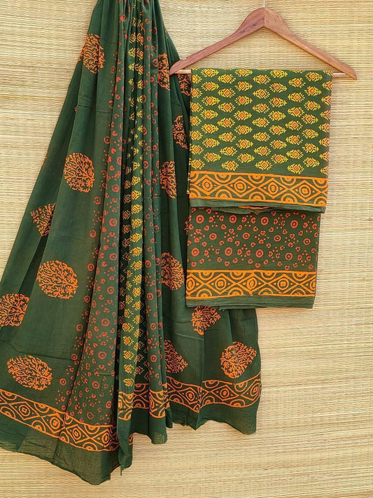 Hand Block Cotton Unstitched Salwar Suit With Cotton/Mulmul Dupatta - JBCM501