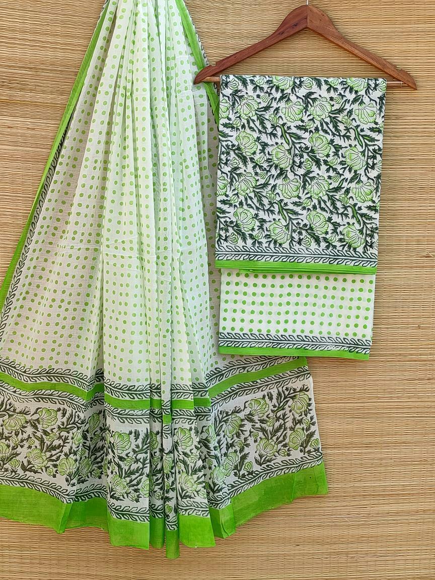 Hand Block Cotton Unstitched Salwar Suit With Cotton/Mulmul Dupatta - JBCM502