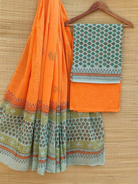 Hand Block Printed Pure Cotton Unstitched Salwar Suit Set With Cotton/Mulmul Dupatta - JBCM503