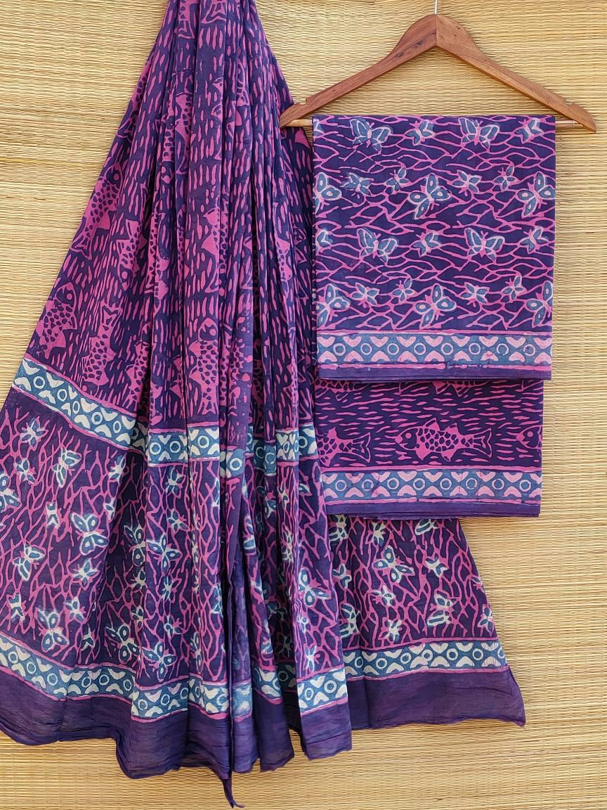 Hand Block Cotton Unstitched Salwar Suit With Cotton/Mulmul Dupatta - JBCM505